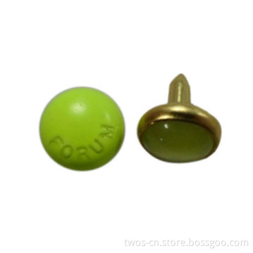 Metal rivet, made of brass, epoxy green color, pearlized under-part to go with it